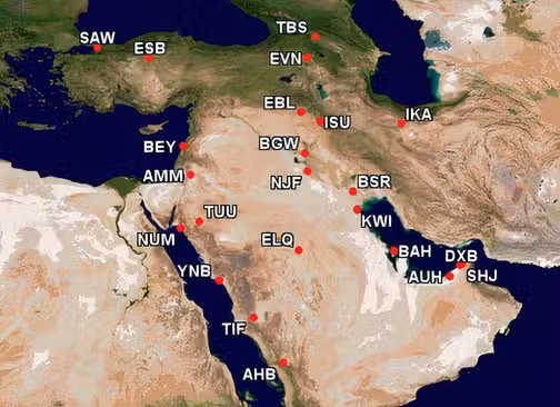 Qatar Airways' suspended destinations in the Middle East, Caucasus and Turkey